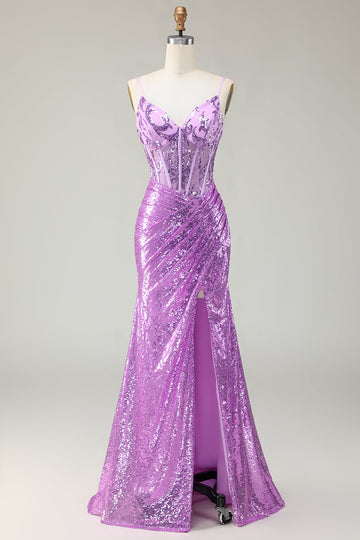 Vestido de fiesta con corsé de sirena púrpura brillante con apliques y abertura